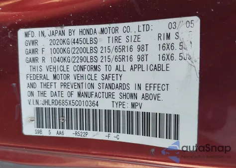 2005 Honda Cr-V Lx from USA, damaged, VIN JHLRD685X5C010364